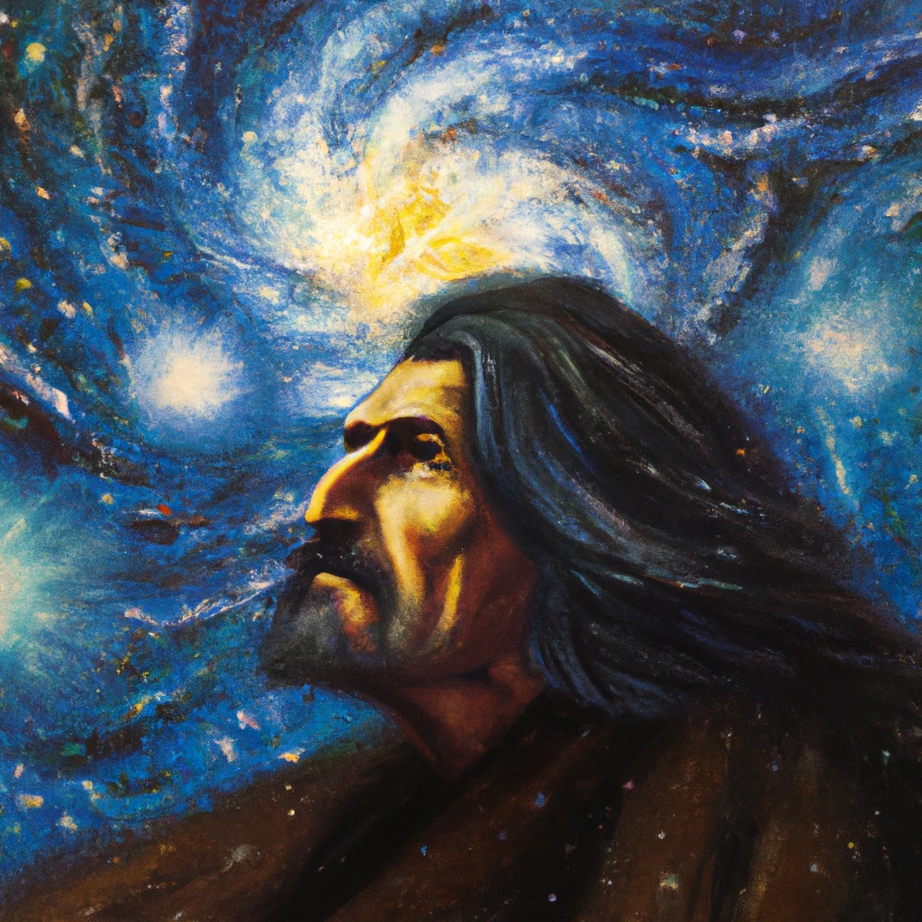 An expressive oil painting of a italian man, with long hair and short beard, thinking, depicted as an explosion of a nebula